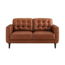 Front view of an Armando mid-century modern loveseat in cognac brown leather, featuring two biscuit-tufted back cushions, plain seat cushions, track arms, and angled dark wood legs.