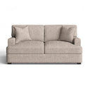 Front view of an Emilio upholstered loveseat in a beige tweed or textured fabric, featuring two-over-two cushions, gently flared padded arms, two accent pillows, and low dark block feet.