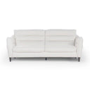 A front view of the Bianca contemporary sofa, featuring white leather upholstery, plush horizontal channel-tufted back cushions, and slender tapered legs on a white background.