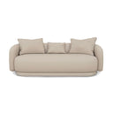 Front view of the Ellie sofa, featuring a curved, sculptural design, off-white linen fabric, and three plush throw pillows, on a white background.