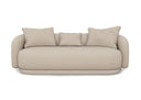 Front view of the Ellie sofa, featuring a curved, sculptural design, off-white linen fabric, and three plush throw pillows, on a white background.