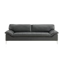 Front view of the Giorgia modern leather sofa in black, featuring a grid-stitched seat cushion, plush back and arm cushions, and thin, polished metal stiletto legs.