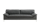 Front view of the Giorgia modern leather sofa in black, featuring a grid-stitched seat cushion, plush back and arm cushions, and thin, polished metal stiletto legs.