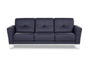 A black contemporary modern leather sofa with buttonless tufting and chrome metal legs in a white back ground