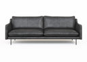 A black, upholstered Renato Sofa with a minimalist design, featuring a sleek backrest and seat with metallic accents.
