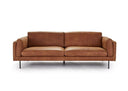 A brown, upholstered Rehan Sofa with a minimalist design, featuring a sleek backrest and seat with metallic accents.