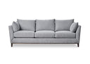 A gray upholstered Taylor Sofa with subtly curved arms, a solid European beech hardwood base, and tapered dark brown legs.