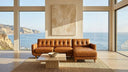 Tan tufted genuine leather sectional sofa with right-facing chaise on a woven area rug in a bright, modern living room overlooking the ocean.
