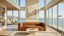 Chloe 92-inch tan genuine leather sofa in a modern minimalist living room with a travertine coffee table, neutral abstract wall art, and panoramic ocean views through floor-to-ceiling windows.