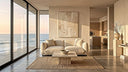 Warm, sunlit minimalist coastal living room featuring a plush cream bouclé sofa, stone coffee table, abstract wall art, and floor-to-ceiling ocean views.