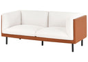 Sofa with off-white cushions and brown faux leather covering wooden frame on a white background