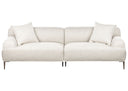 Front view of a contemporary, low-profile, light-colored fabric sofa with two throw pillows and tapered metal legs on a white background.