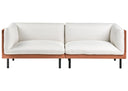 Off-white sofa with brown leather covered frame on a white background