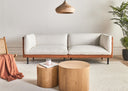 Modern living room with a off-white sofa, wooden coffee table, and a plant.