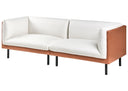 Off-white sofa with faux leather covered wooden frame on a white background