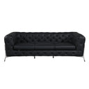 Front view of a black tufted sofa with chrome legs on a white background.