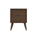 Wooden nightstand with a single drawer on a white background