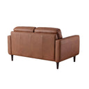 Three-quarters rear view of an Armando mid-century modern loveseat in cognac brown leather, featuring two biscuit-tufted back cushions, plain seat cushions, track arms, and angled dark wood legs.