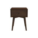 Wooden nightstand with a single drawer on a white background