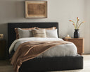Bedroom with a bed featuring pillows and a blanket, two nightstands with decor items, and a framed picture on the wall.