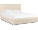 Cream upholstered bed with white bedding on a white background