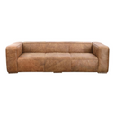 Front view of a brown leather sofa on a white background.