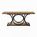 Wooden table with black metal base on a white background