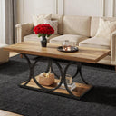 Wooden coffee table with decorative items in a living room setting