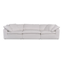 Front view of a cream sofa with cushions on a white background.