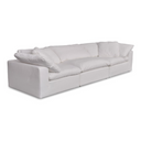 Three-quarters view of a cream sofa with cushions on a white background.