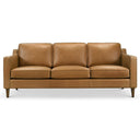 Front view of a tan top grain leather sofa on a white background.