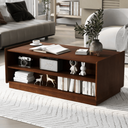 Wooden coffee table with decorative items in a living room setting