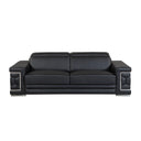 Front view of a black leather sofa with decorative armrests on a white background.