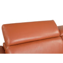 close-up of a camel leather sofa with decorative armrests on a white background.