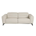 Front view of a beige power recliner leather sofa on a white background.