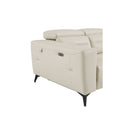 Side view of a beige power recliner leather sofa on a white background.