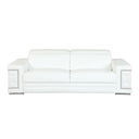 Front view of a white leather sofa with decorative armrests on a white background.