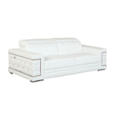 Three-quarters view of a white leather sofa with decorative armrests on a white background.