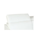 Three-quarters view of a white leather sofa with decorative armrests on a white background.