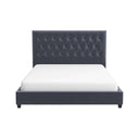 Gray upholstered bed with white mattress on a white background