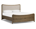 A modern, low-profile bed with a curved, solid wood frame and a beige fabric upholstered headboard.