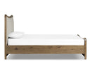 A side view of a modern, low-profile bed with a curved, solid wood frame and a beige fabric upholstered headboard.