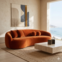 Modern living room with a brown sofa, abstract art, and a coffee table.