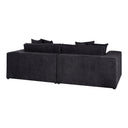 Three-quarters rear view of a black sofa on a white background