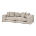 Three-quarters view of a beige sofa with cushions on a white background