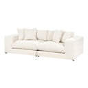 Three-quarters view of an off-white sofa with cushions on a white background