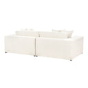 Three-quarters rear view of an off-white sofa with cushions on a white background