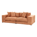 Three-quarters view of an orange sofa with cushions on a white background