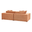 Three-quarters rear view of an orange sofa on a white background