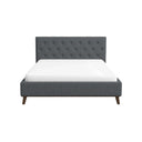 Dark gray upholstered bed with white mattress on a white background